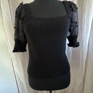 Elegant Black Sweater with Floral puff sleeve